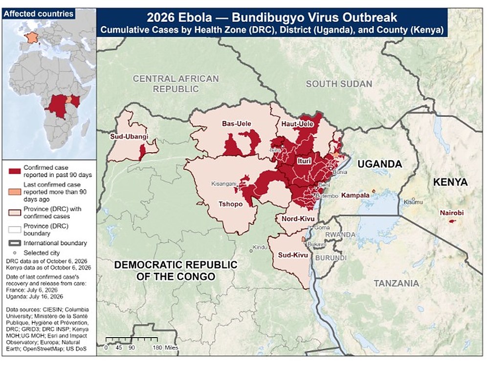 CDC map of confirmed Bundibugyo Ebola cases in DR Congo, Uganda and Kenya, with Nairobi marked