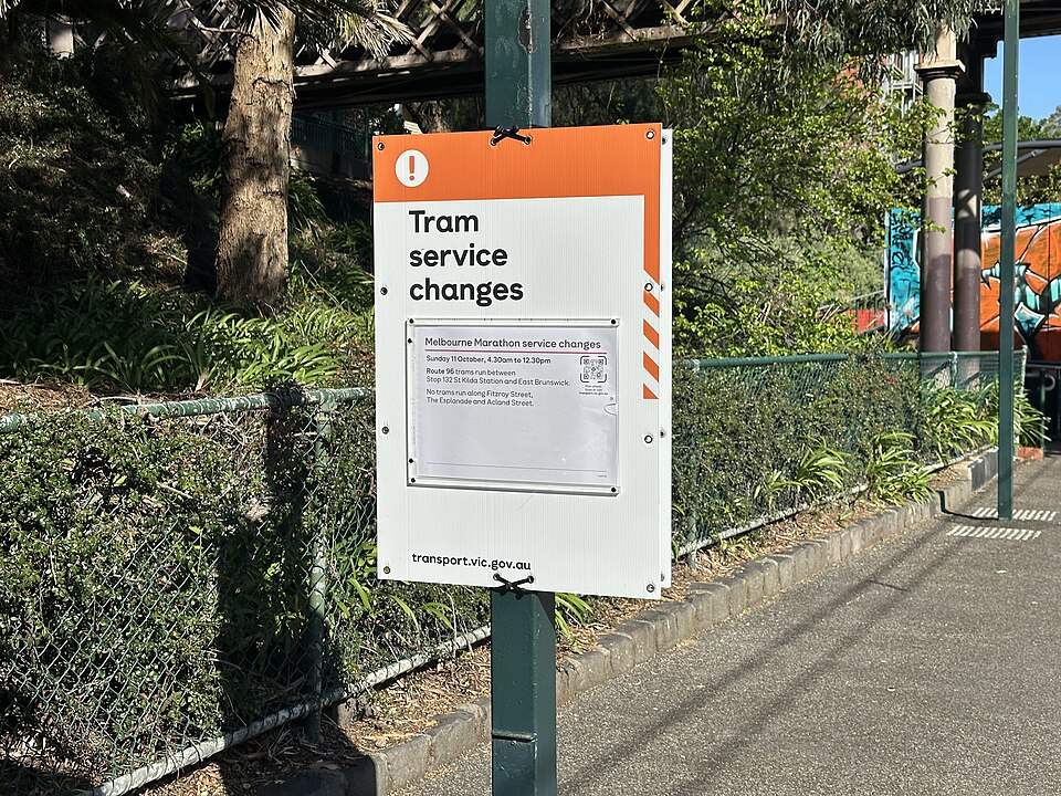 A notice of tram changes for the Melbourne Marathon in South Melbourne