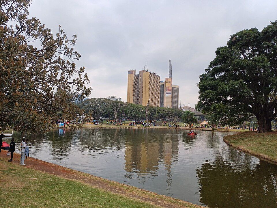 Nyayo House, seen across the lake at Uhuru Park, Nairobi